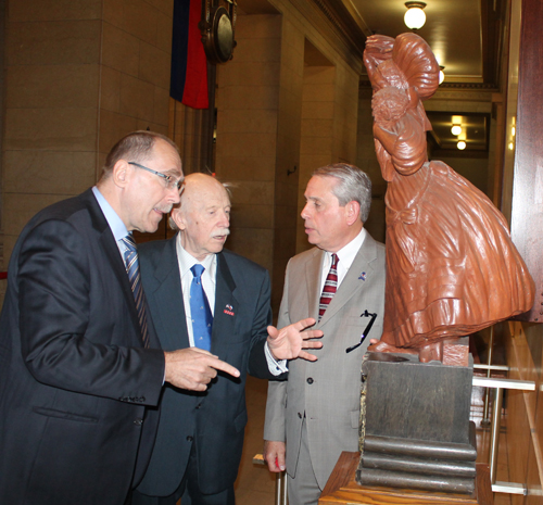 MIke Polensek, Ambassador Cerar and August Pust and Slovenian Lady statue